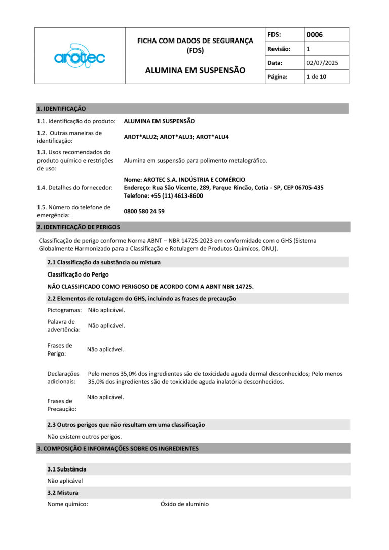 ALUMINA EM SUSPENSÃO - FDS - 0006-1